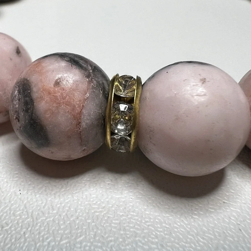 Vintage‎ Natural Pink Zebra Jasper, Crystal & Rhinestone Stretch Beaded Bracelet